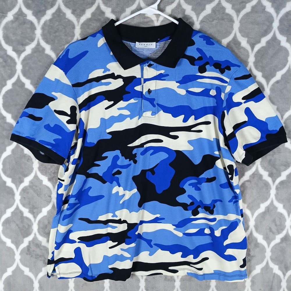 Sandro Paris Polo Shirt Mens Small Blue Camouflage Short Sleeve Pique Knit